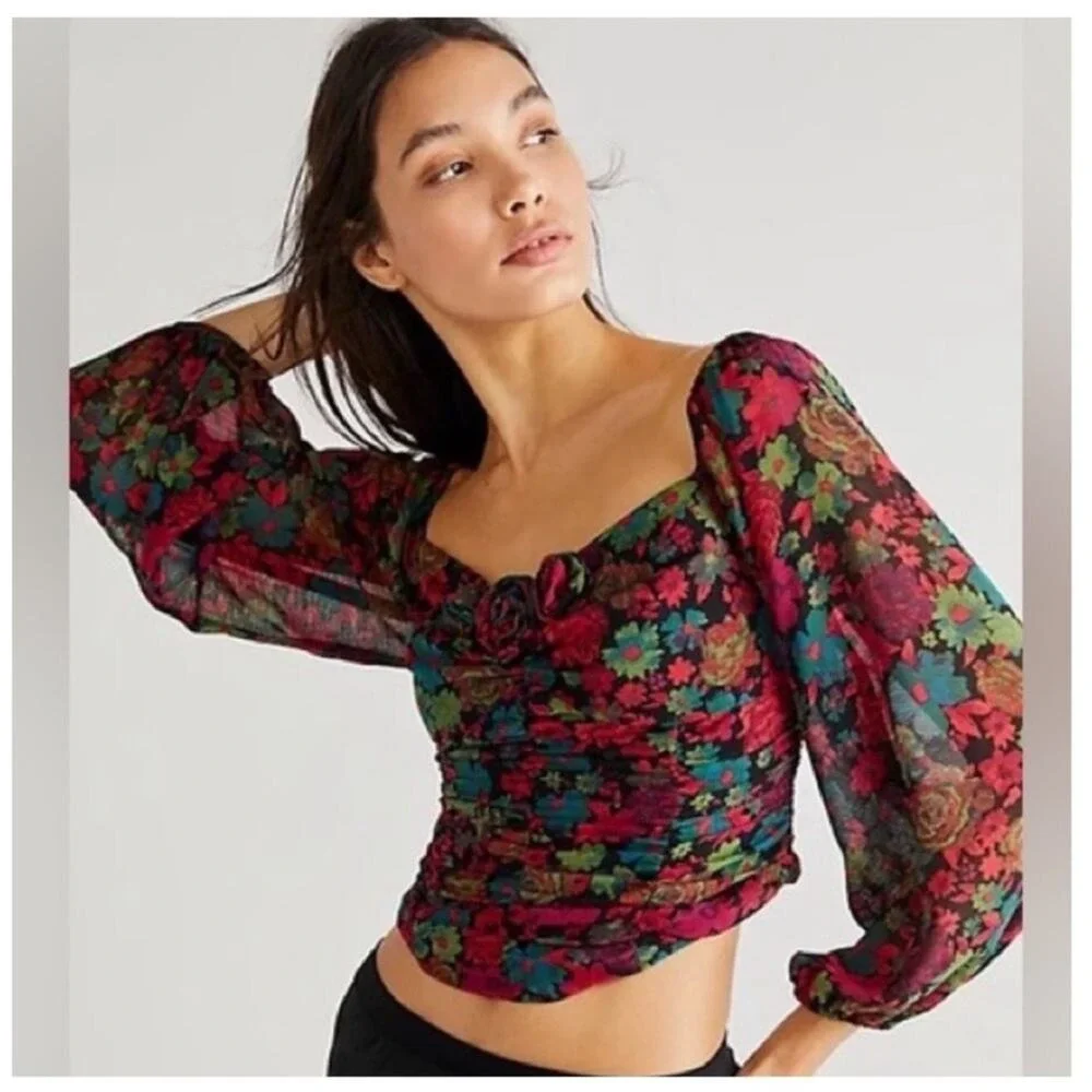 Free People On Lala Floral Long Sleeve Crop Top Women's Size S Festival Boho